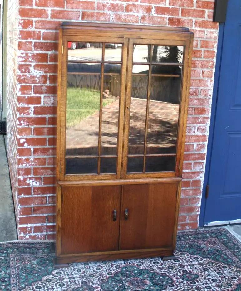 English Antique Oak Glass Door Bookcase / Display Cabinet