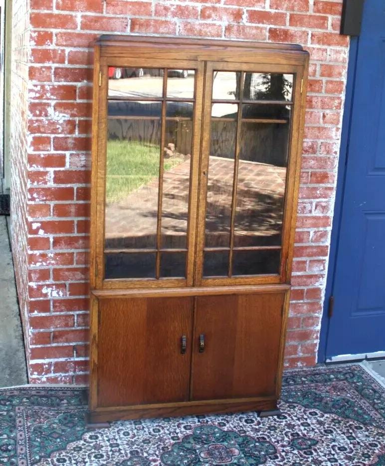 English Antique Oak Bookcase Cabinet | Glass Doors | Display Storage c.1900