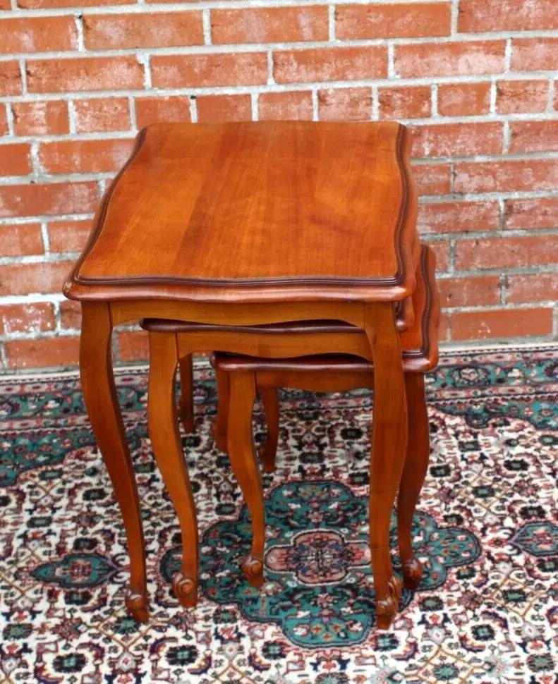French Antique Louis XV Maple Nesting Tables | Set of 3 Curved Cabriole Legs