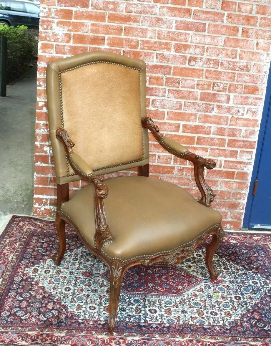 Leather Upholstered Louis XV Armchair Carved Mahogany Living Room Accent