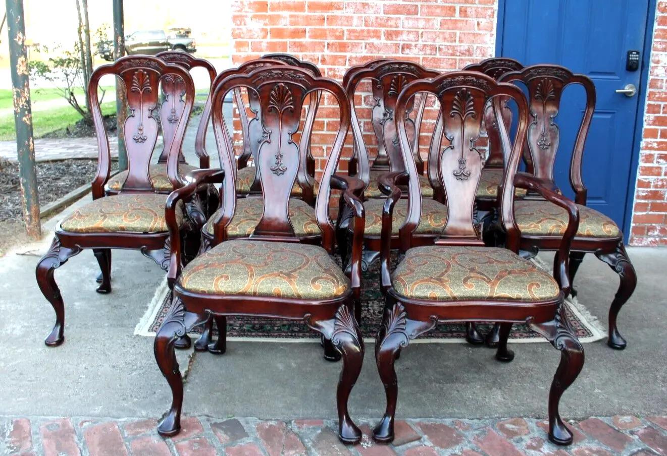Set of 10 Mahogany Queen Anne Dining Chairs with Upholstered Seats