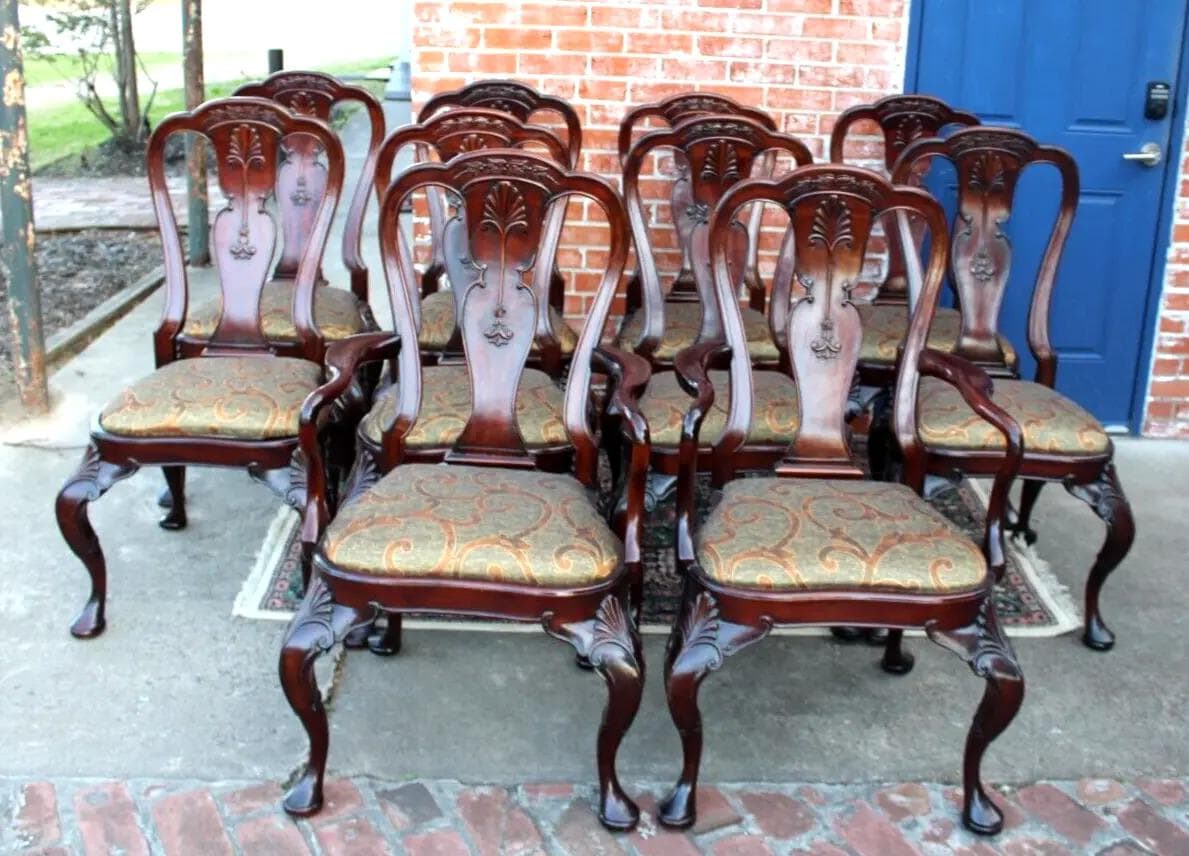 Set of 10 Mahogany Queen Anne Dining Chairs with Upholstered Seats