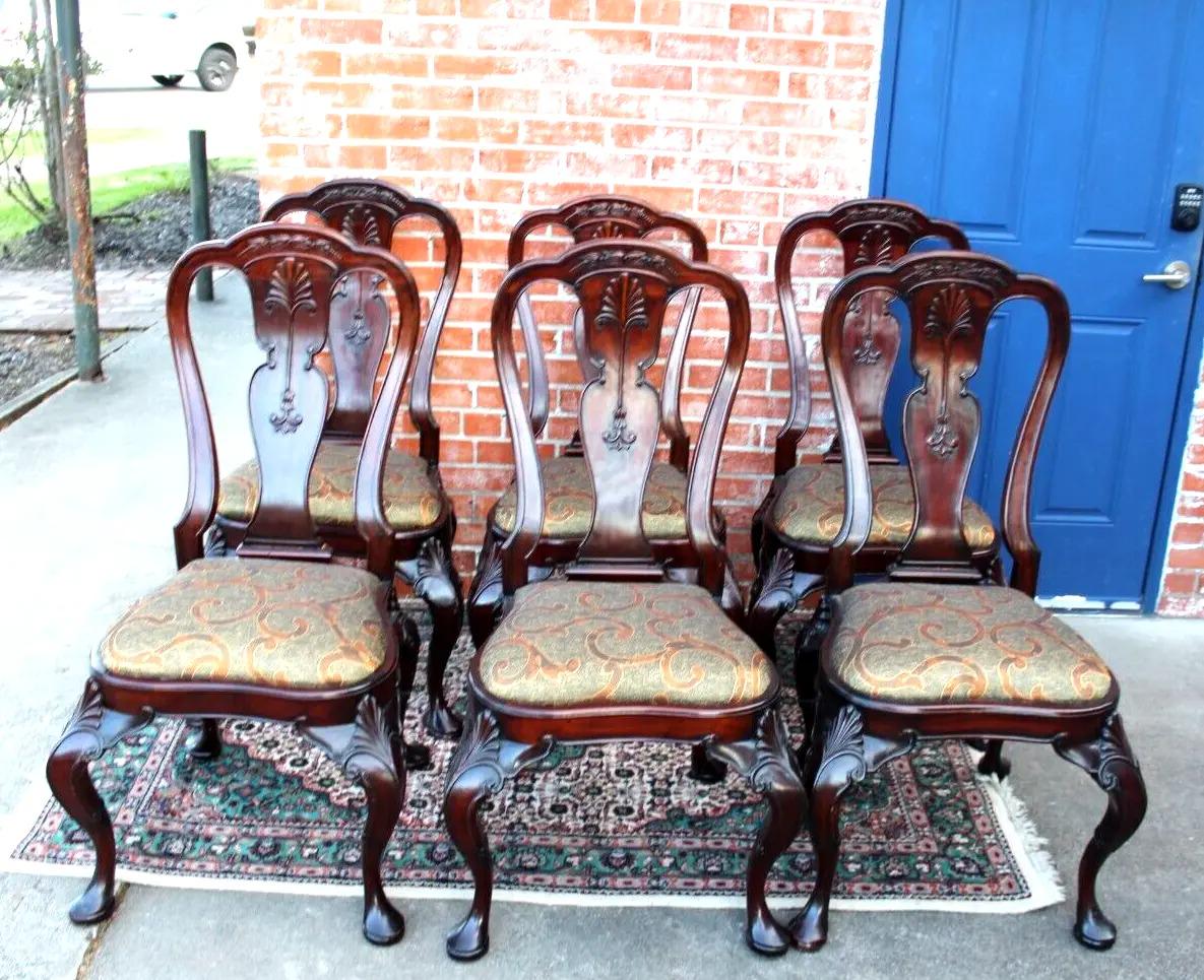 Set of 10 Mahogany Queen Anne Dining Chairs with Upholstered Seats