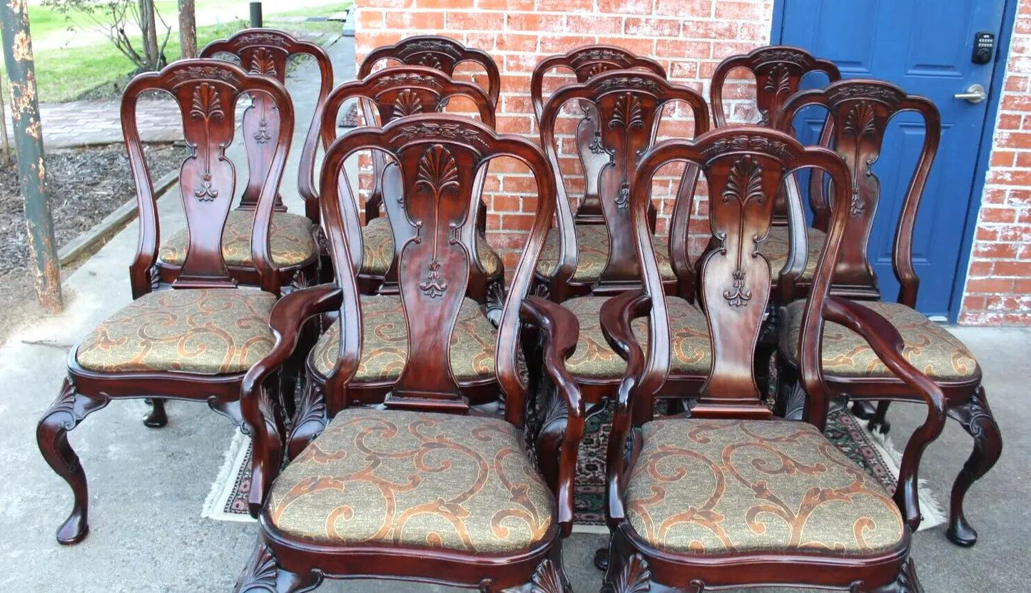 Set of 10 Mahogany Queen Anne Dining Chairs with Upholstered Seats