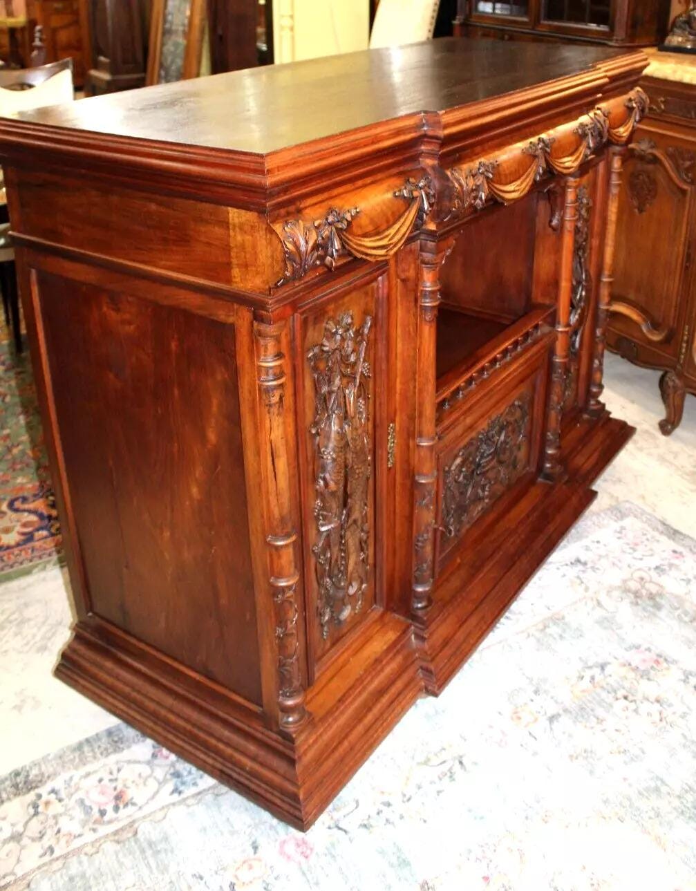 French Antique Henry II Walnut Sideboard | Hunt Scene Carved Bar Cabinet