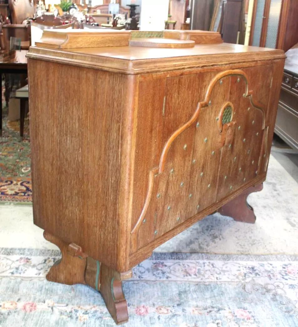 English Antique Oak Art Deco Sideboard | Small Buffet Bar Cabinet c. 1930s