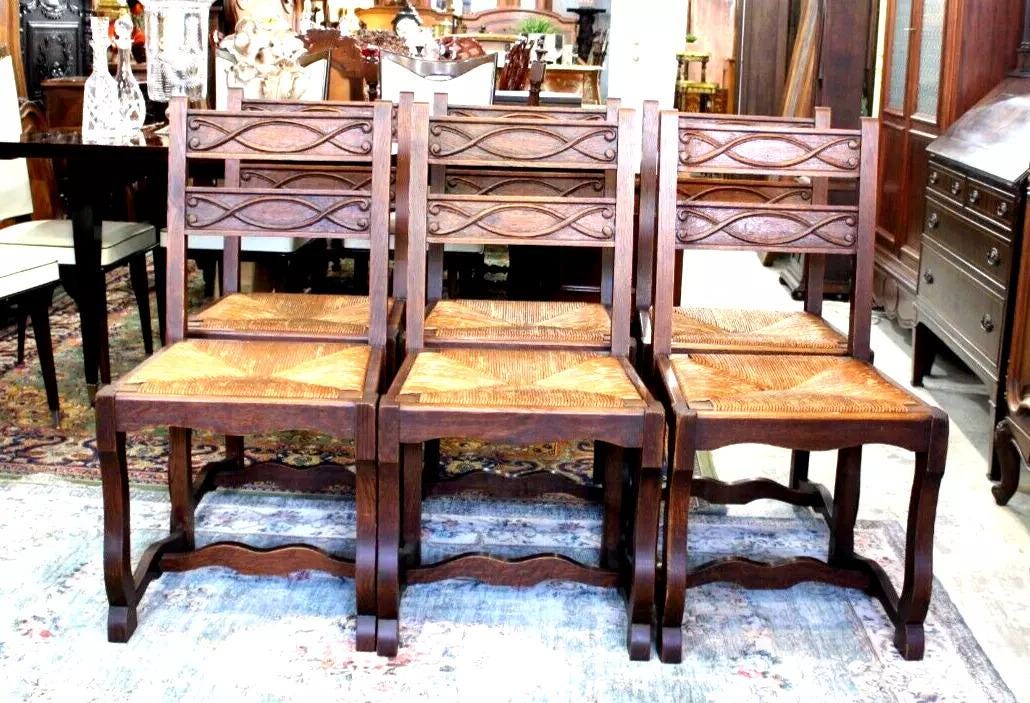 Set of 6 French Antique Renaissance Oak Wood Rush Seat Dining Chairs Sturdy