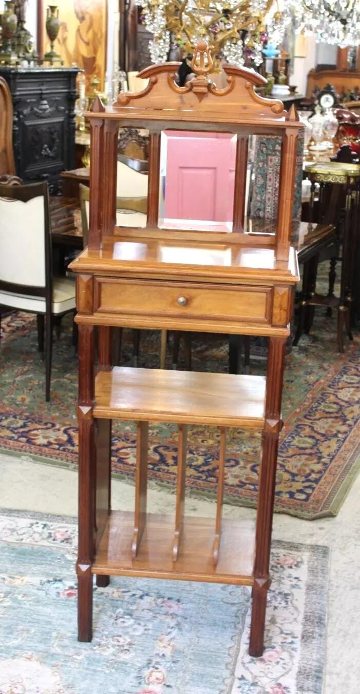 French Antique Walnut Wood Etagere / Record Shelf