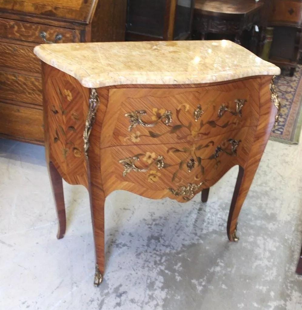 French Antique Louis XV Inlaid Marble Top Chest | Small Dresser w/ 2 Drawers