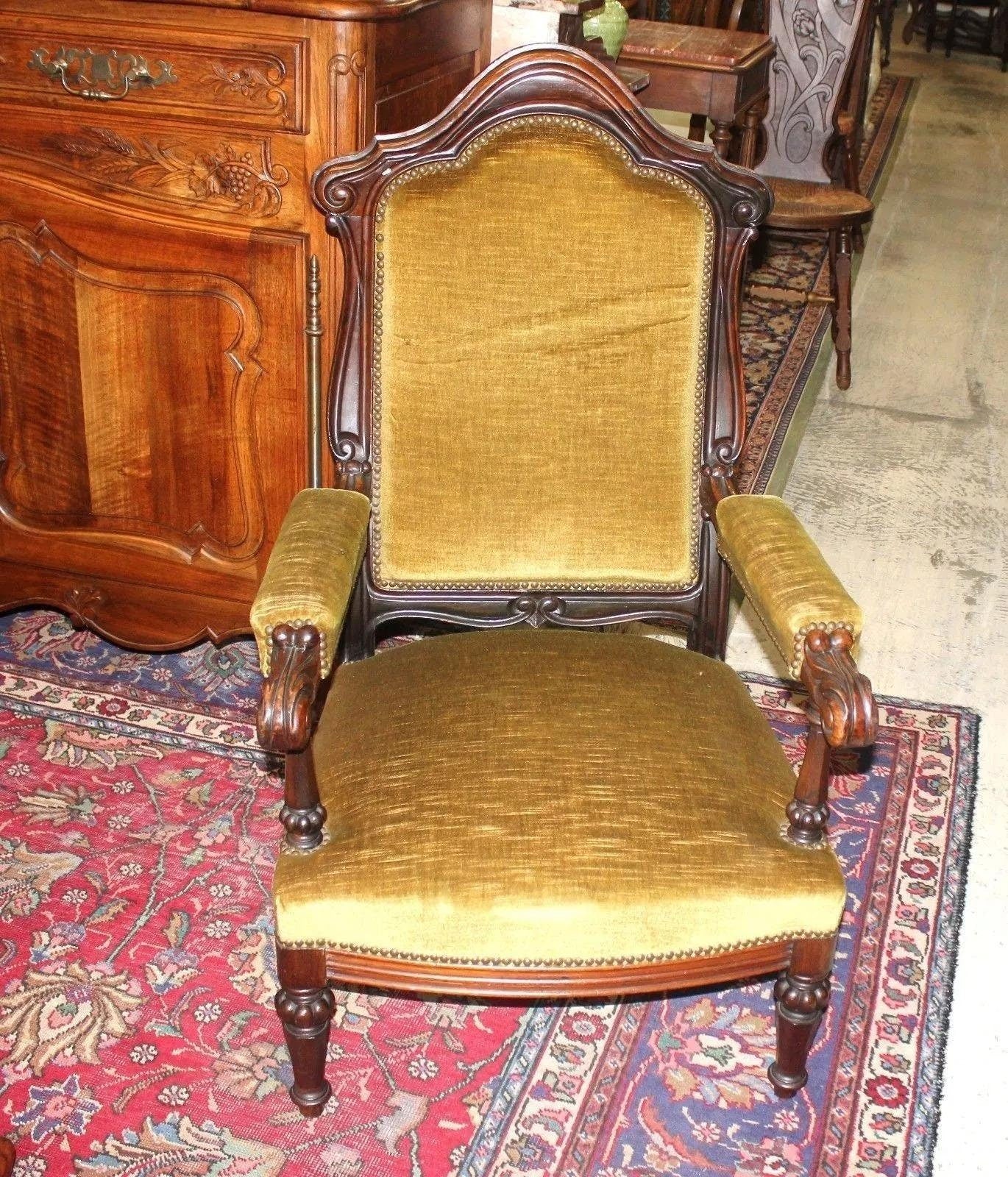 French Antique Victorian Parlor Armchair Gold Velvet Upholstery c.1880