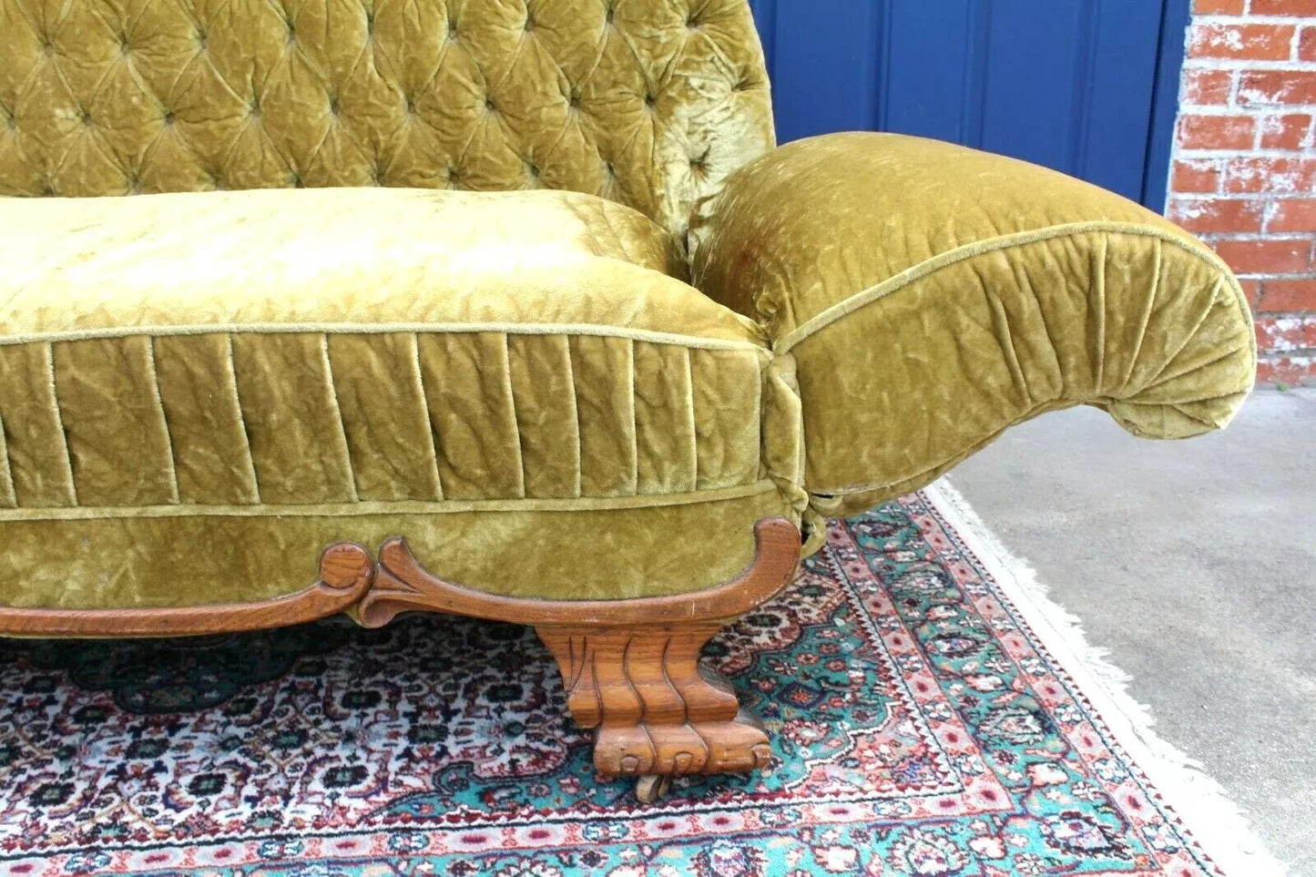 American Antique Oak Bench Sofa Daybed w/ Gold Green Velvet Upholstery