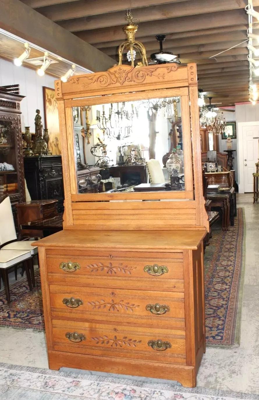 American Antique Oak Eastlake Dresser | 3 Drawer Vanity with Carved Mirror