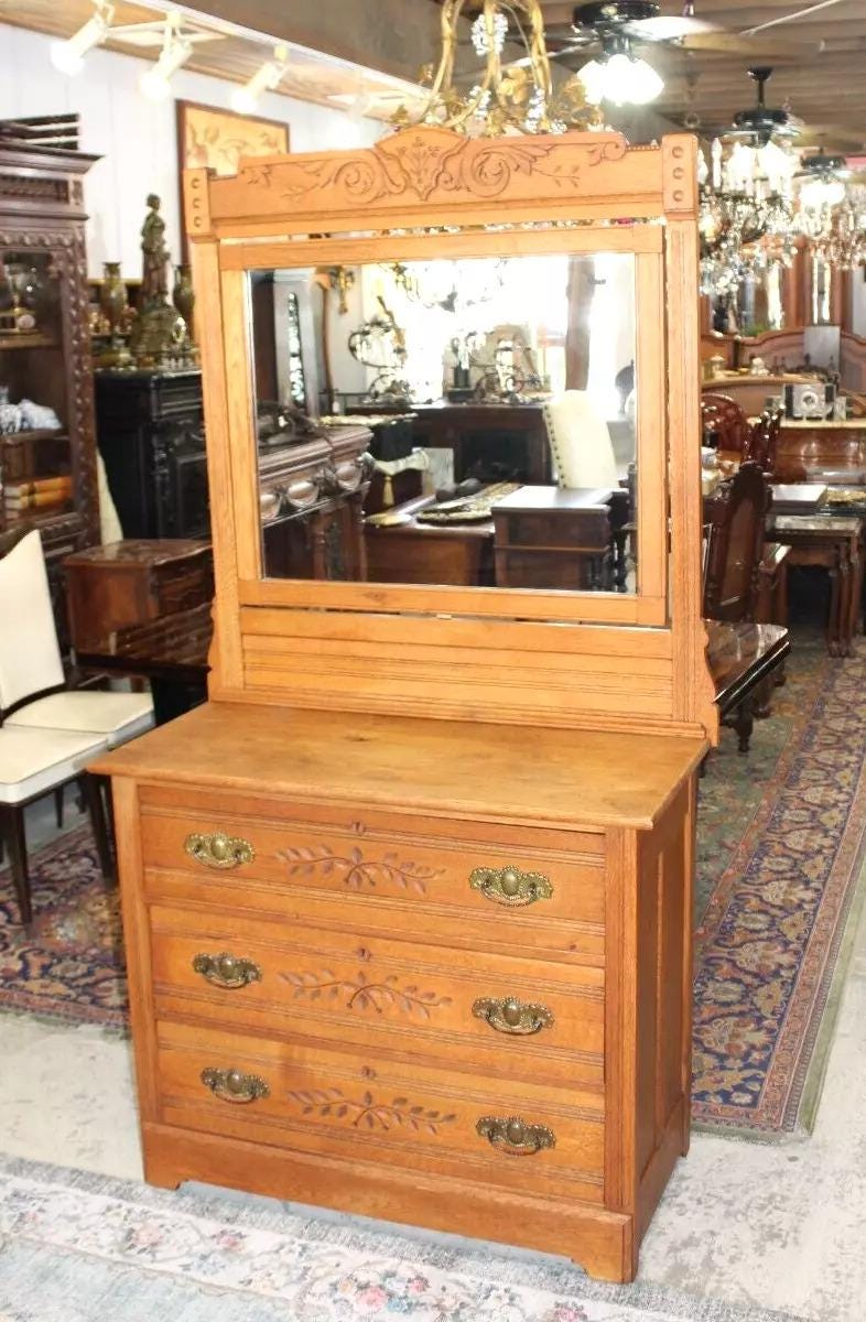 American Antique Oak Eastlake Dresser | 3 Drawer Vanity with Carved Mirror