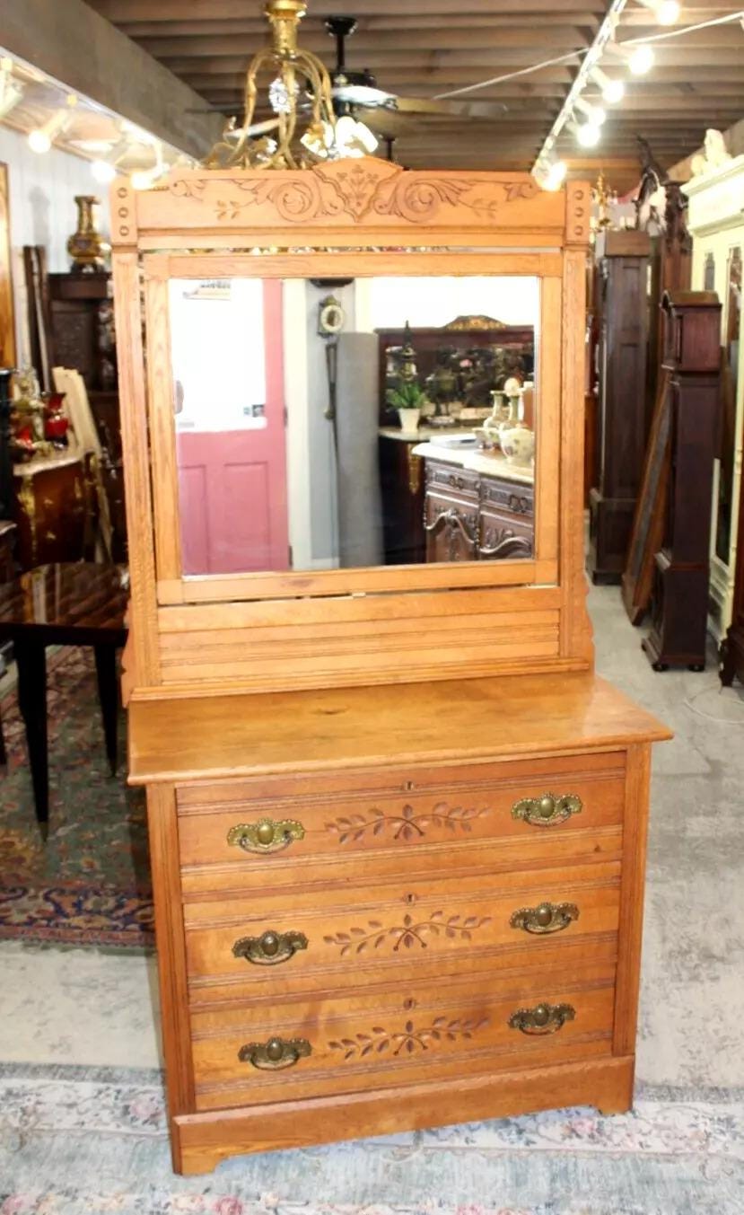 American Antique Oak Eastlake Dresser | 3 Drawer Vanity with Carved Mirror