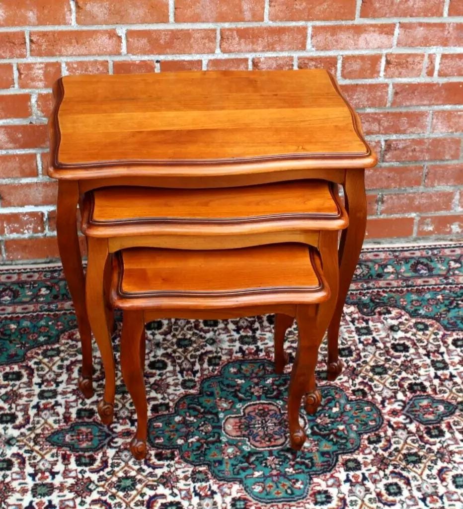 French Antique Louis XV Maple Nesting Tables | Set of 3 Curved Cabriole Legs