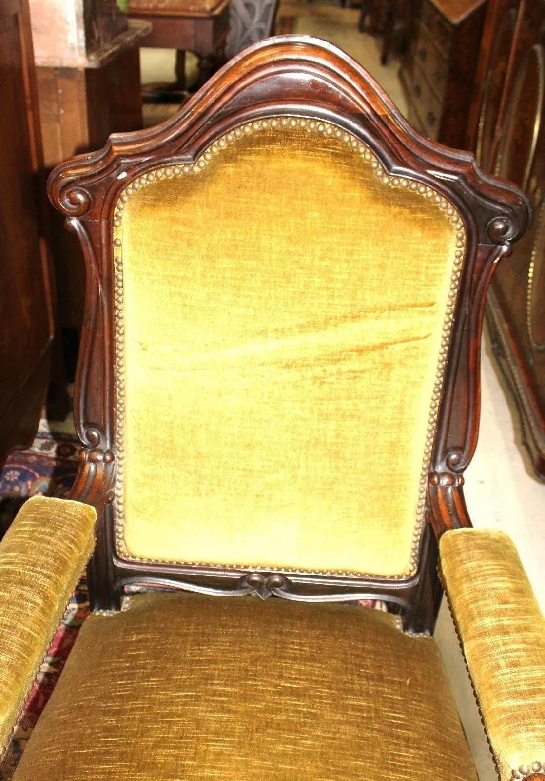 French Antique Victorian Parlor Armchair Gold Velvet Upholstery c.1880