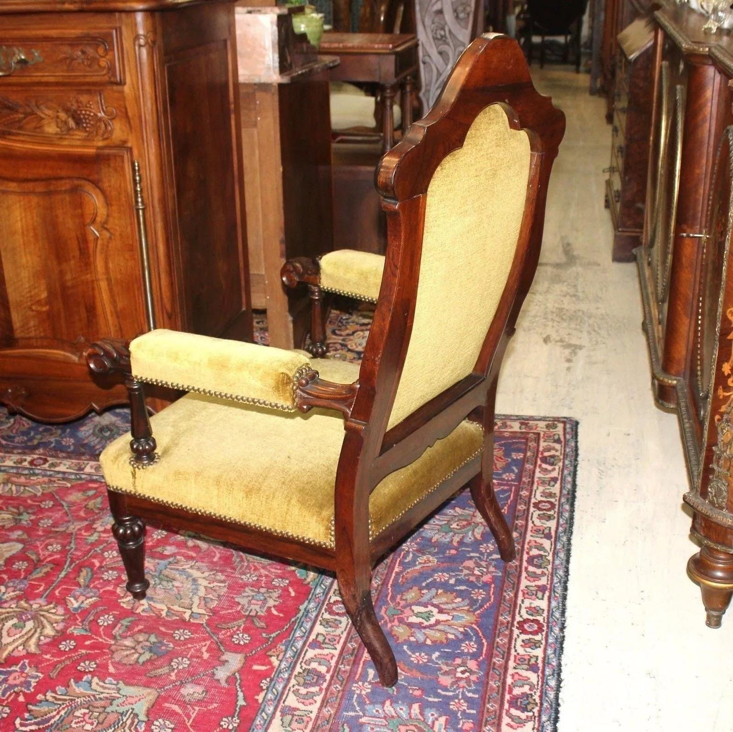 French Antique Victorian Parlor Armchair Gold Velvet Upholstery c.1880