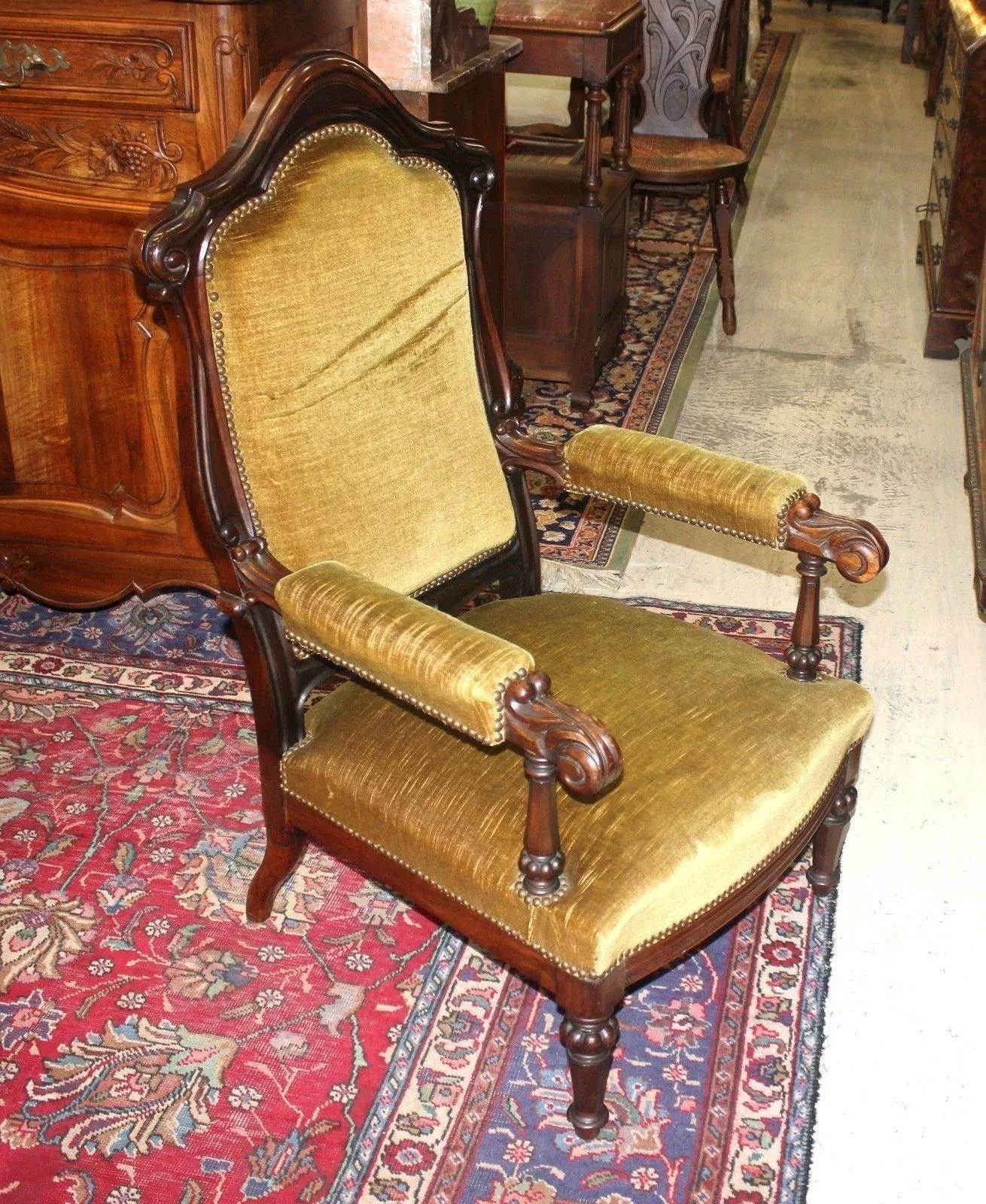 French Antique Victorian Parlor Armchair Gold Velvet Upholstery c.1880