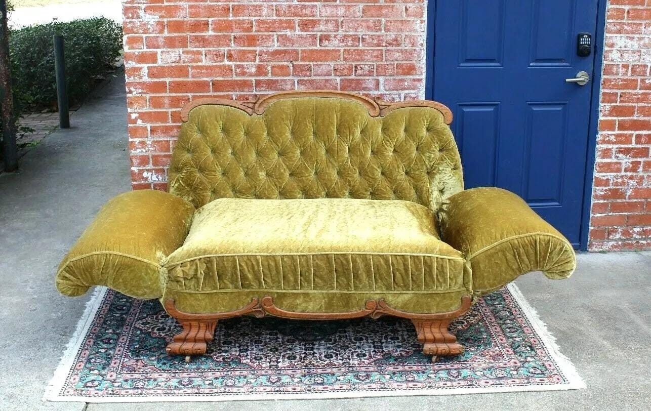 American Antique Oak Bench Sofa Daybed w/ Gold Green Velvet Upholstery