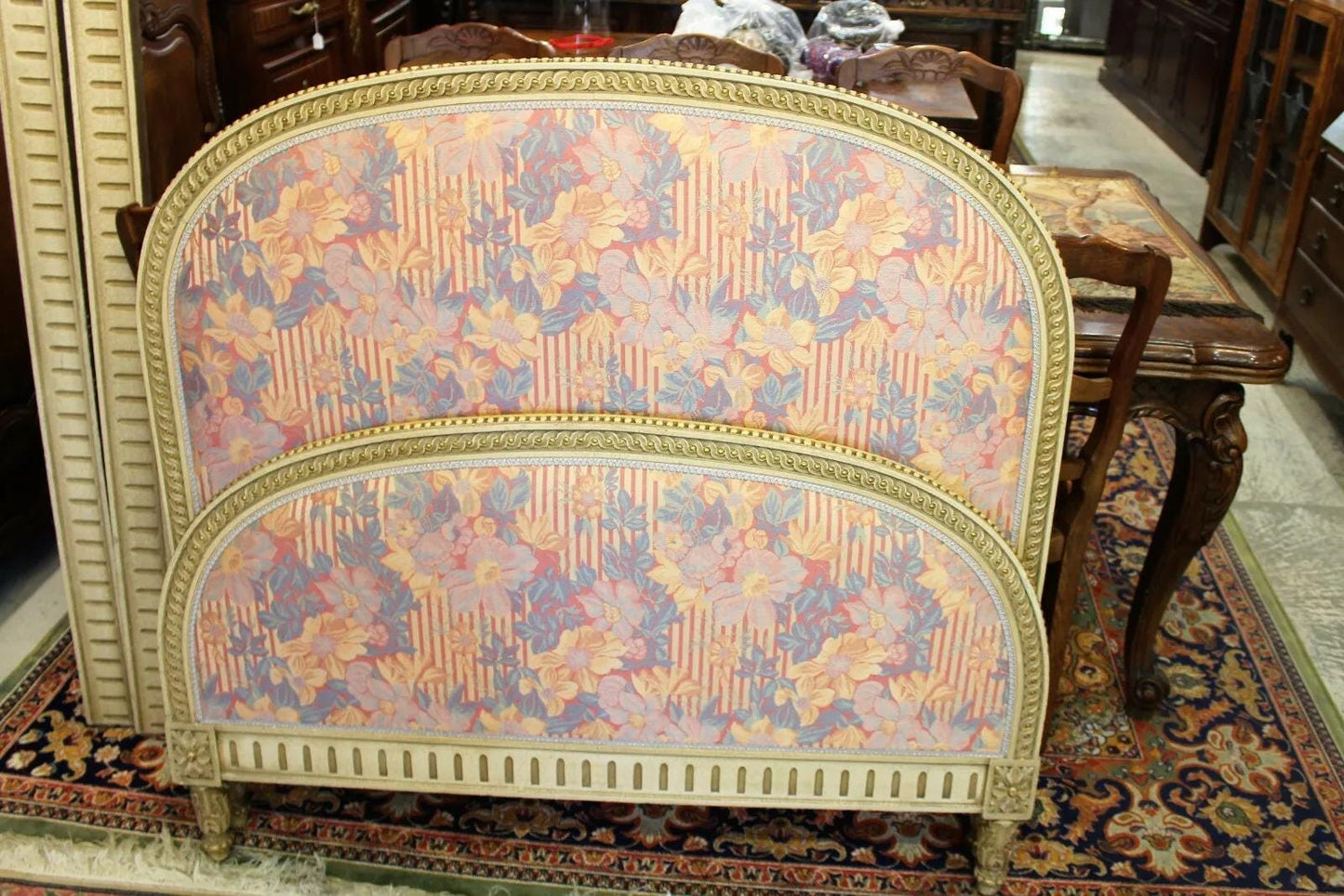 French Antique Louis XVI Painted Daybed | Floral Double Bed c.1880 Upholstered