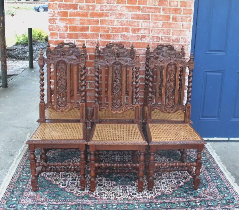 Set of 6 French Antique Louis XIII Oak Dining Chairs w/ Carved Backs & Cane