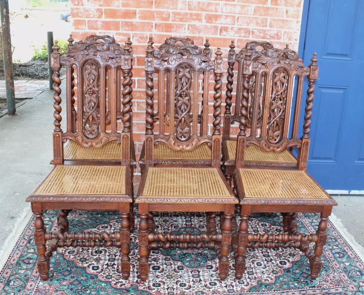 Set of 6 French Antique Louis XIII Oak Dining Chairs w/ Carved Backs & Cane