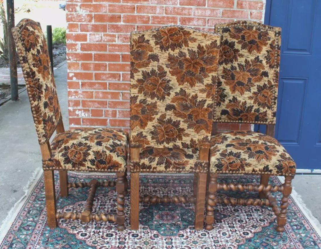 Set of 6 French Antique Louis XIV Walnut Dining Chairs w/ Floral Upholstery
