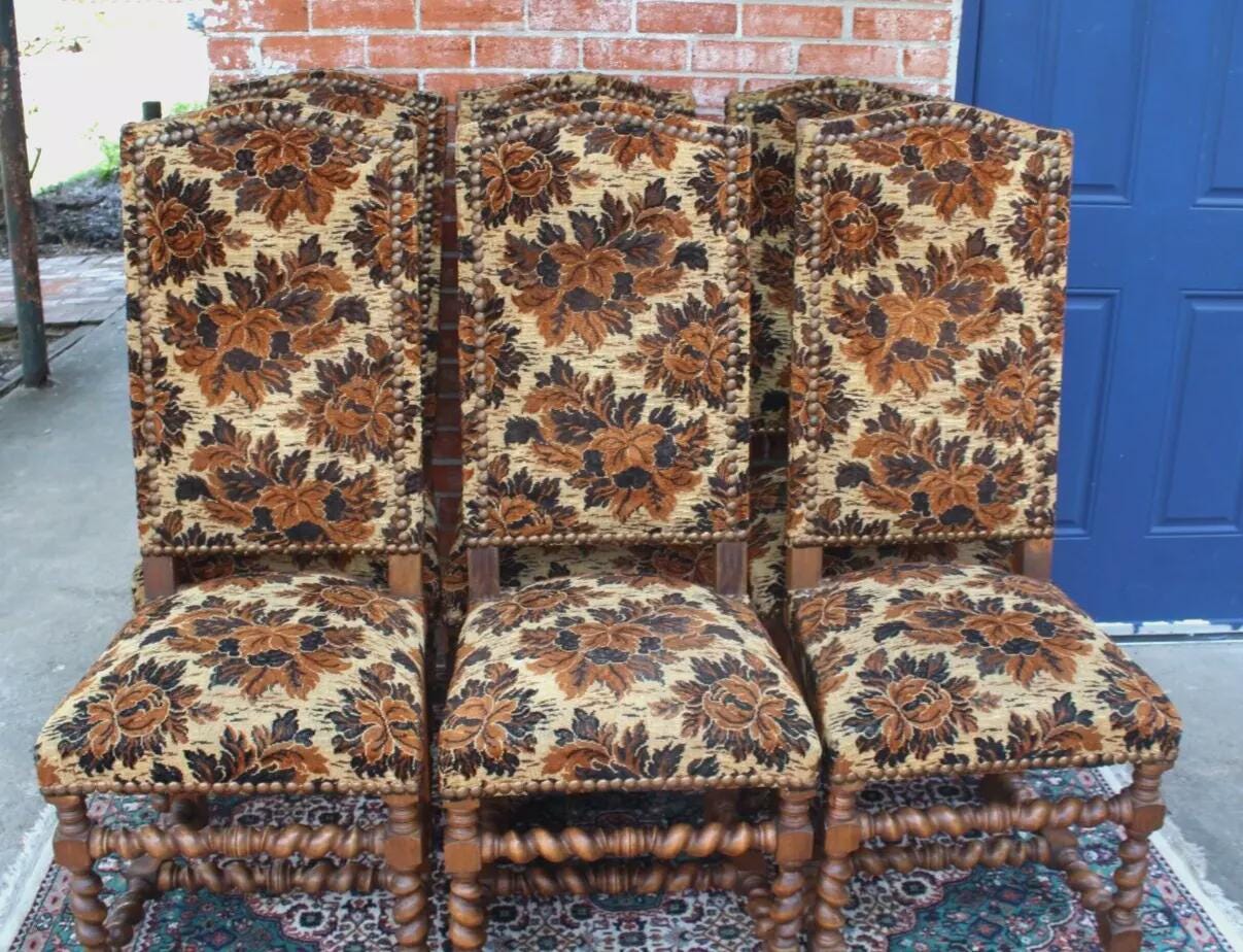 Set of 6 French Antique Louis XIV Walnut Dining Chairs w/ Floral Upholstery