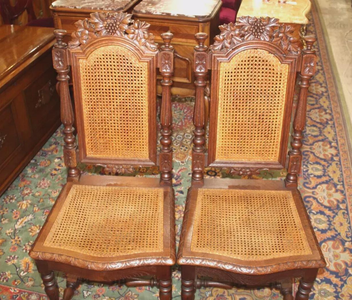 Set of 2 French Antique Renaissance Oak Dining Chairs w/ Cane Seats