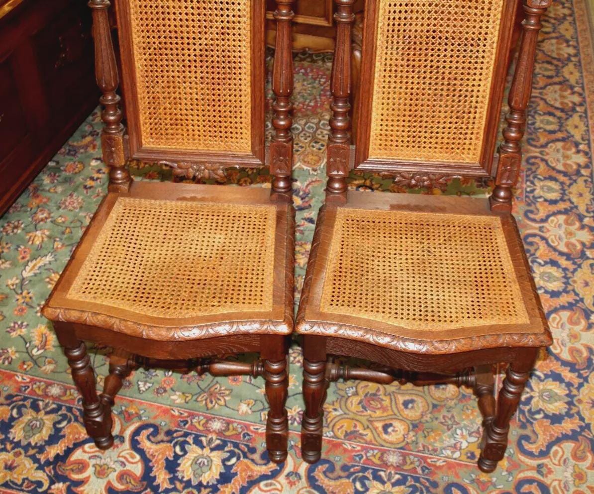 Set of 2 French Antique Renaissance Oak Dining Chairs w/ Cane Seats