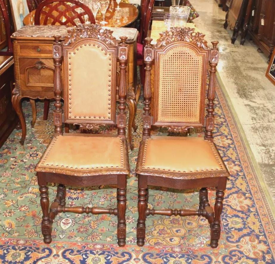 Set of 2 French Antique Renaissance Oak Dining Chairs w/ Leather Upholstery