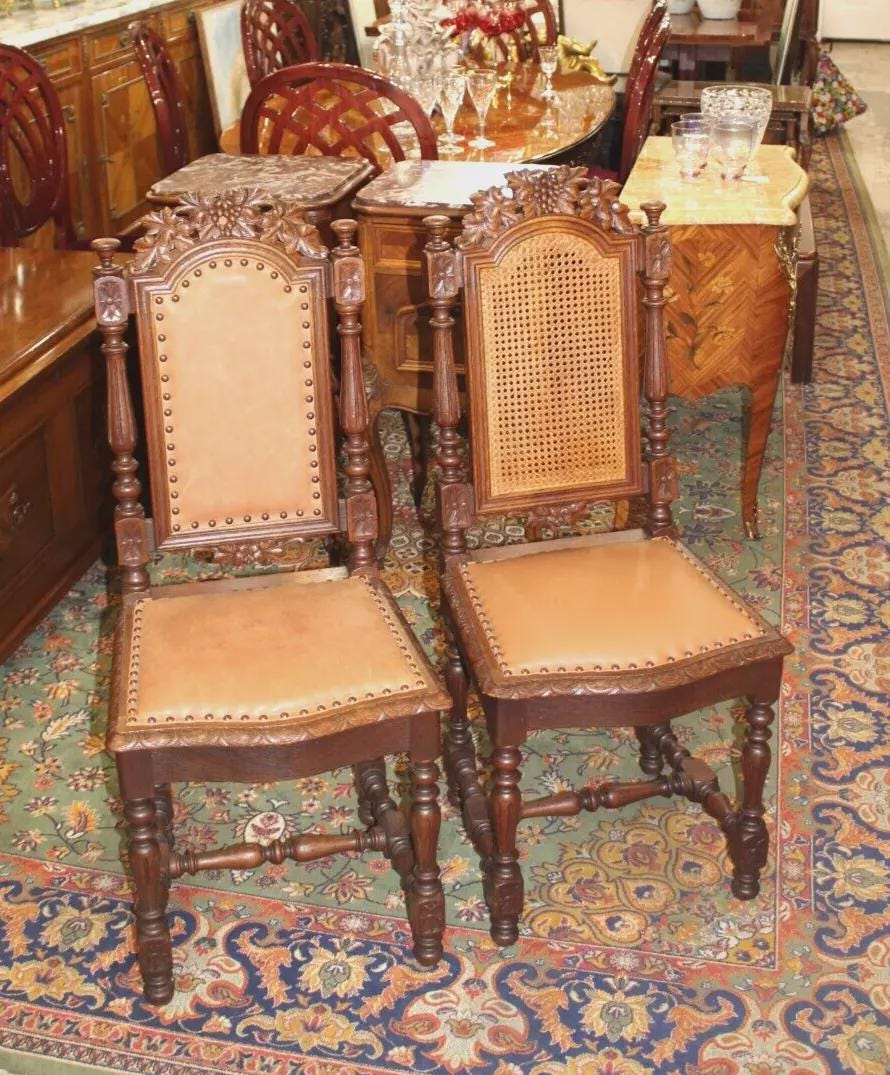 Set of 2 French Antique Renaissance Oak Dining Chairs w/ Leather Upholstery