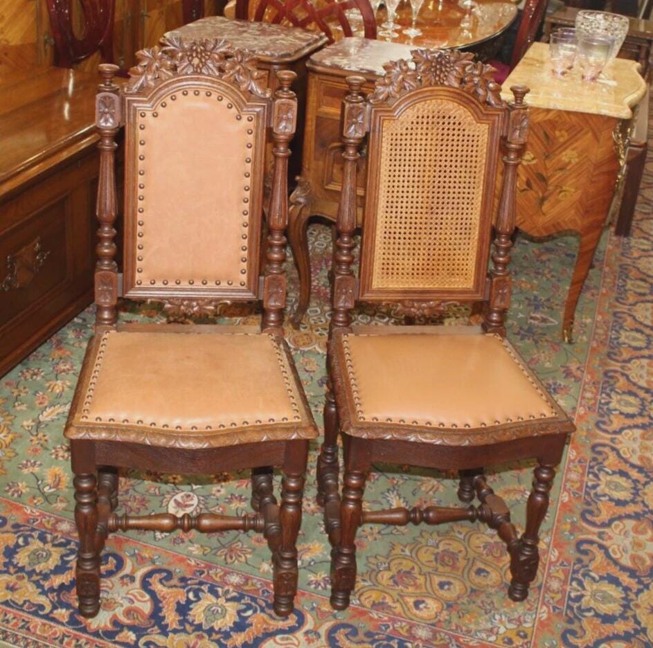 Set of 2 French Antique Renaissance Oak Dining Chairs w/ Leather Upholstery