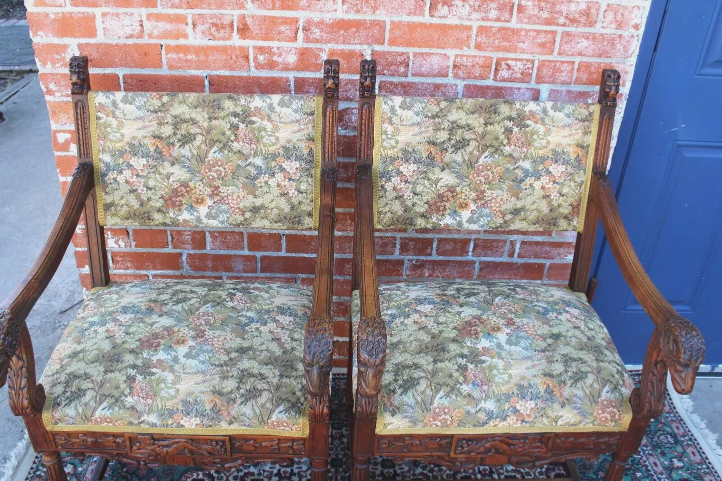 Pair of French Antique Renaissance Walnut Armchairs Upholstered Floral Seats