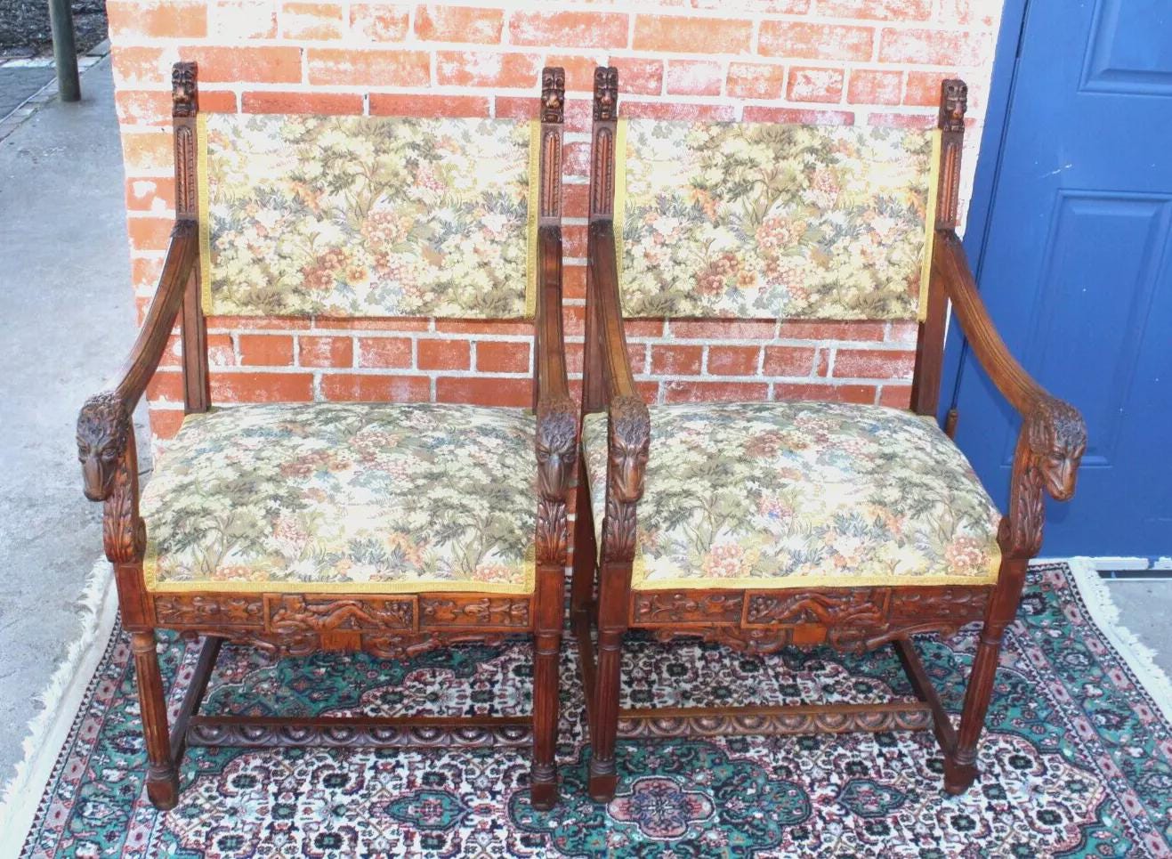 Pair of French Antique Renaissance Walnut Armchairs Upholstered Floral Seats