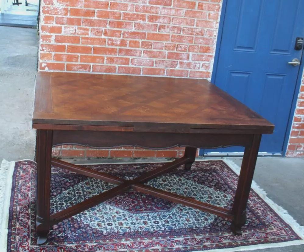 French Antique Dark Oak Louis XV Draw Leaf Dining Table | Parquet Top