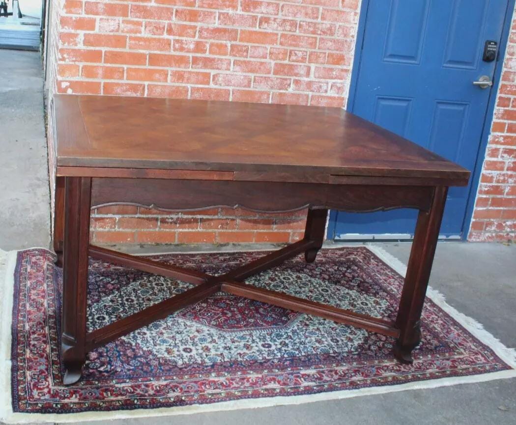 French Antique Dark Oak Louis XV Draw Leaf Dining Table | Parquet Top