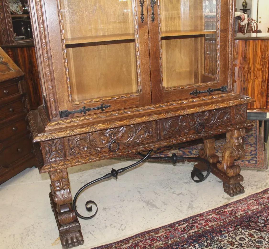 French Antique Renaissance Oak Display Cabinet | Glass Doors & Carved Base