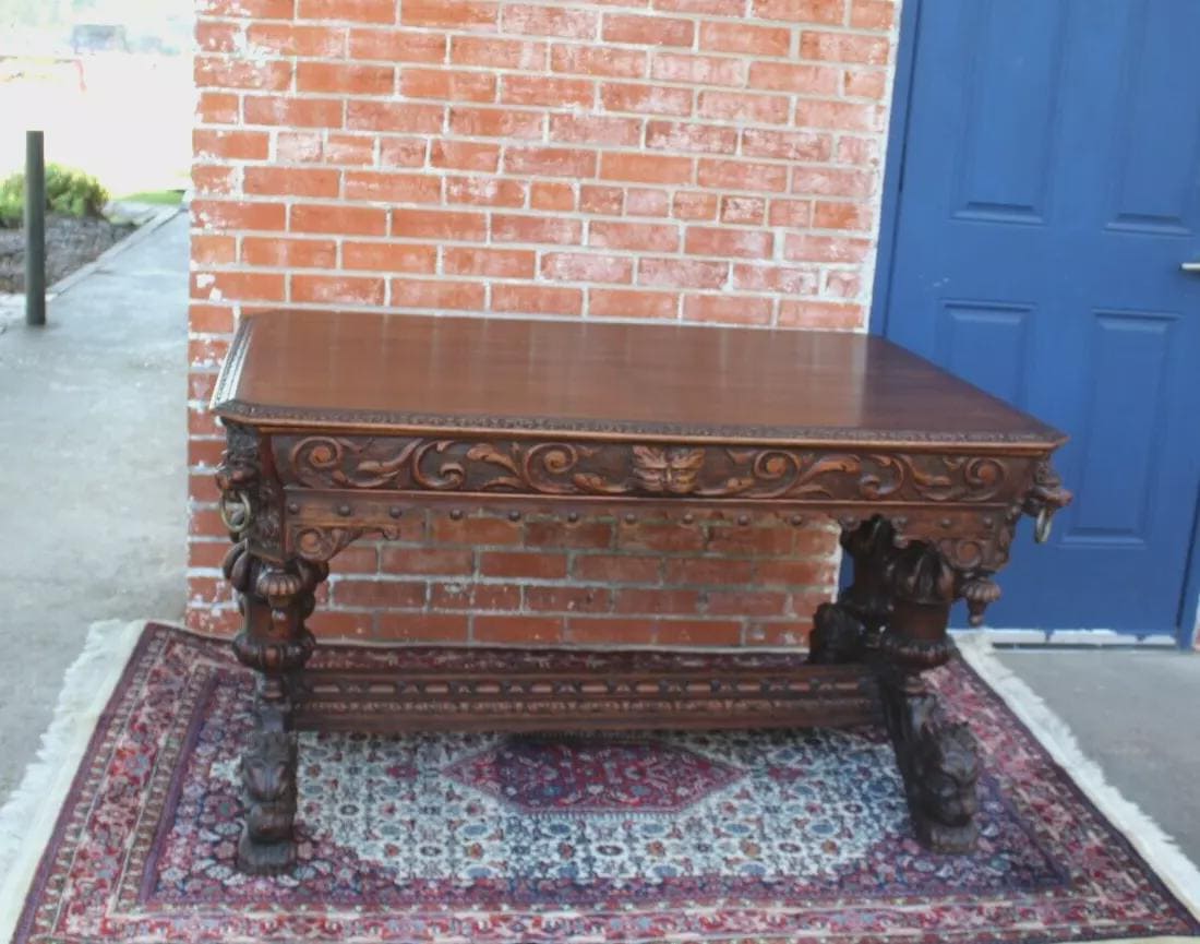 French Antique Renaissance Oak Desk | Carved Writing Table w/ Lion Heads