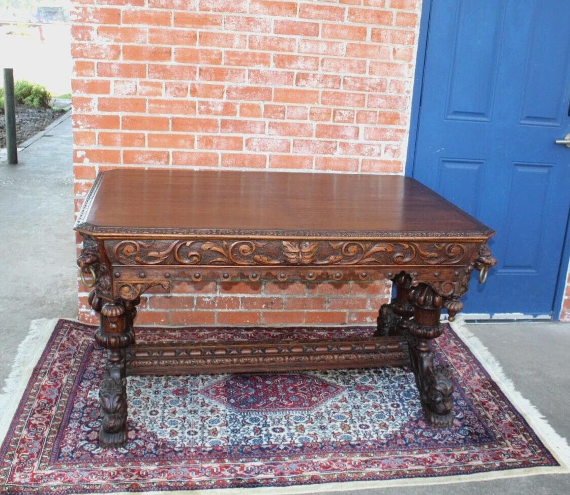 French Antique Renaissance Oak Desk | Carved Writing Table w/ Lion Heads