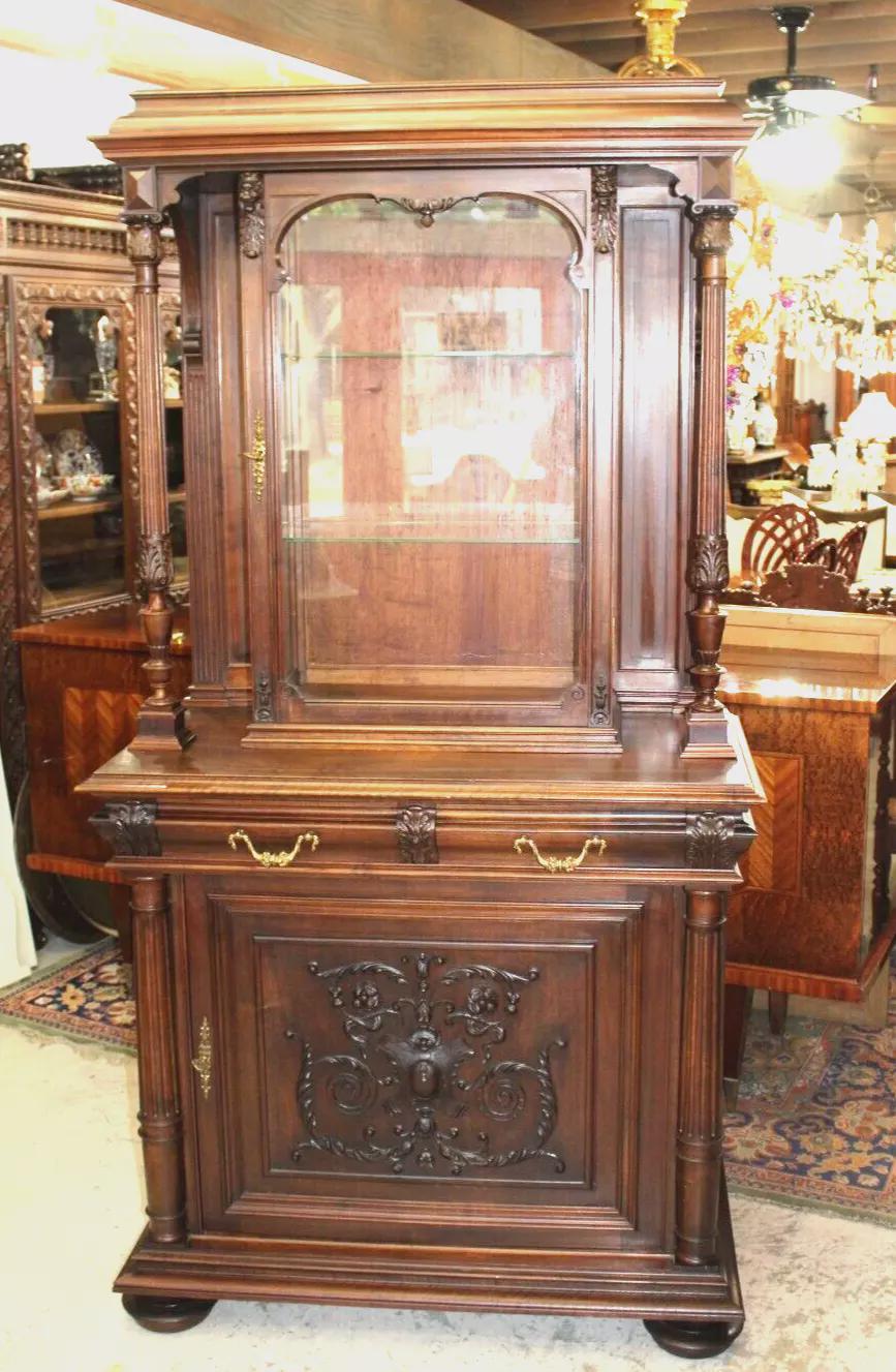 French Antique Walnut Renaissance Buffet Display Cabinet | Glass Shelves