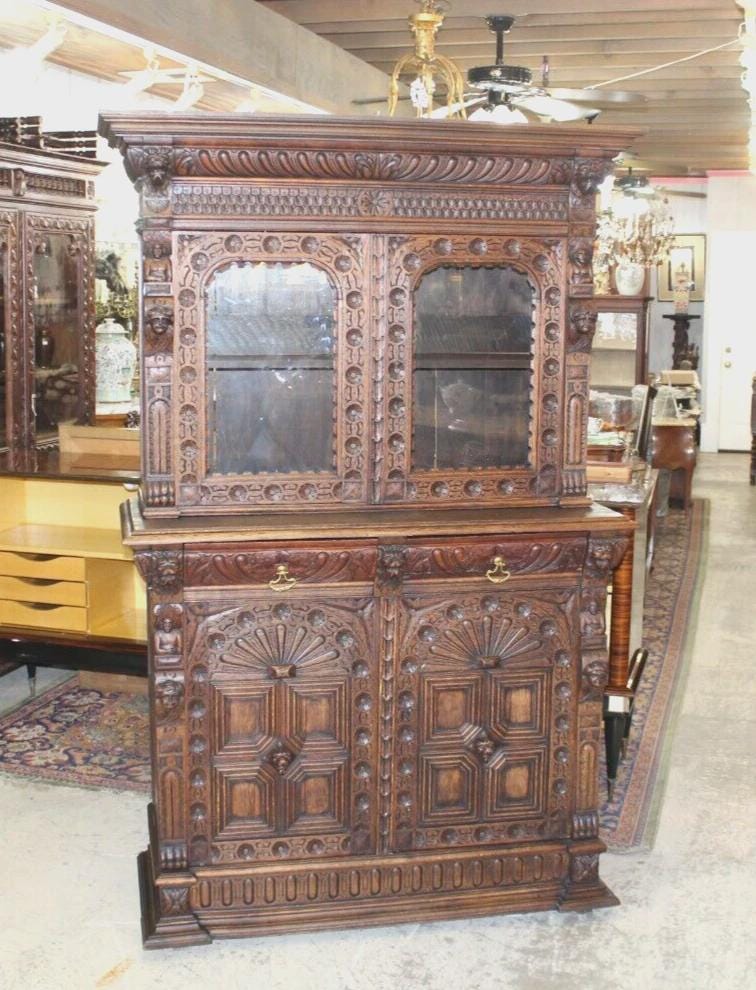 French Antique Oak Renaissance Display Buffet Cabinet | Heavily Carved