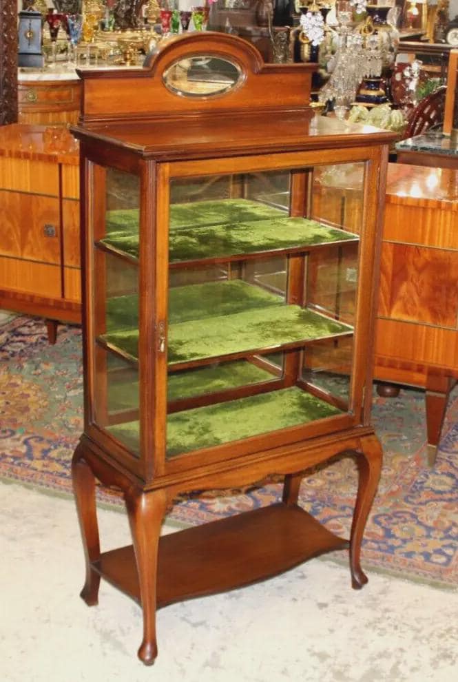 English Antique Mahogany Queen Anne Display Cabinet | Glass Sides & Mirror
