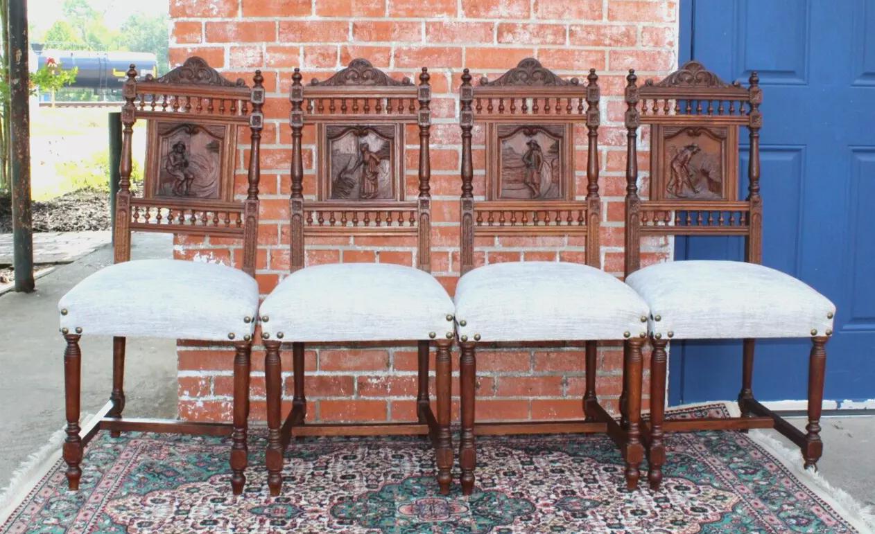 Set of 6 French Antique Oak Brittany Dining Chairs | New Upholstery Fabric