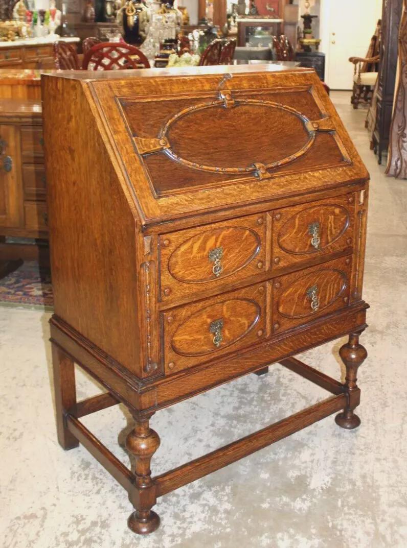 English Antique Oak William & Mary Drop Front Desk | Carved Detail and Drawers