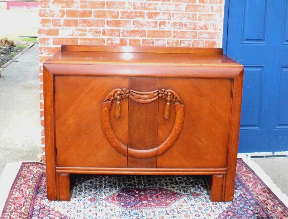 English Antique Oak Art Deco Sideboard | Small Buffet or Bar Cabinet