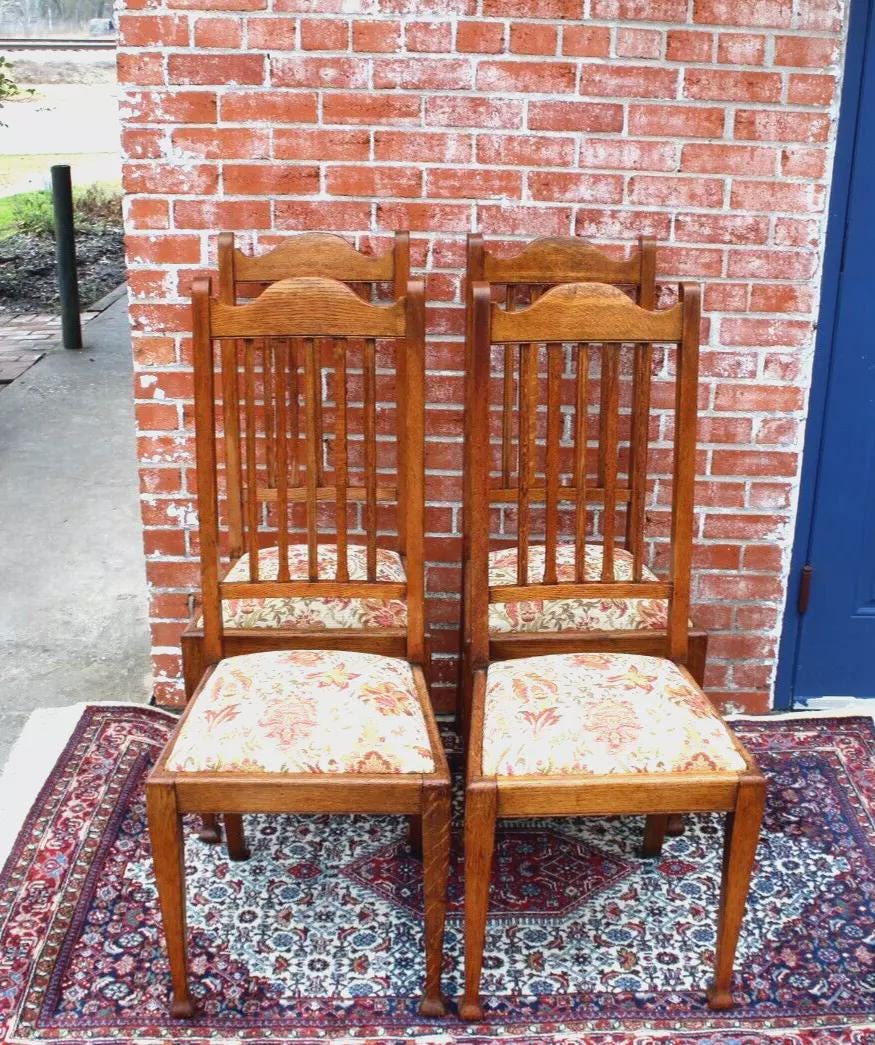 Pair of Antique Oak Arts & Crafts Dining Chairs w/ Floral Upholstery