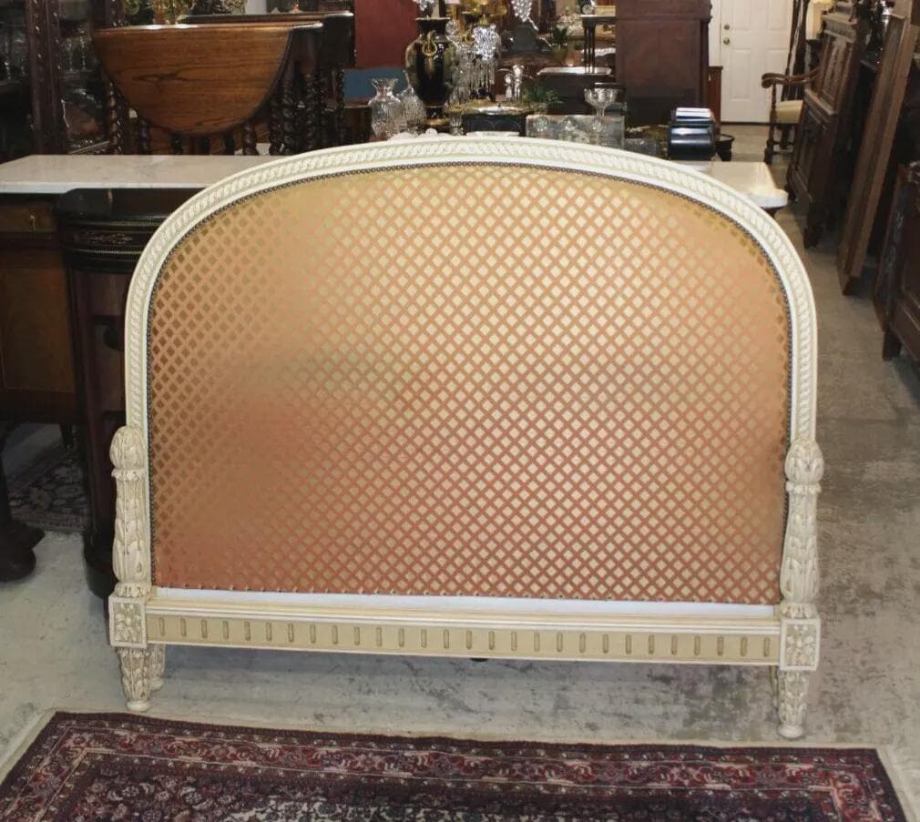 French Antique Louis XVI Queen Bed w/ Carved Frame & Free New Upholstery
