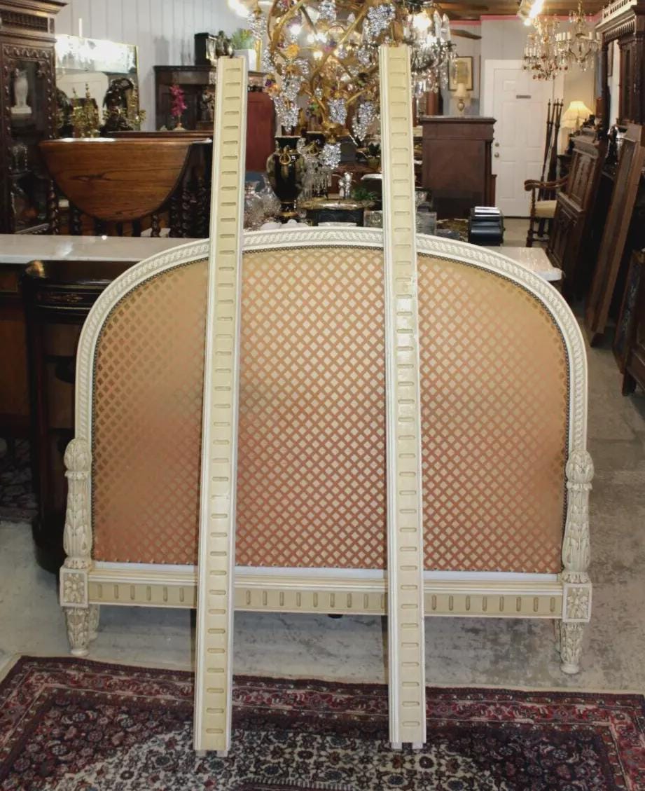French Antique Louis XVI Queen Bed w/ Carved Frame & Free New Upholstery