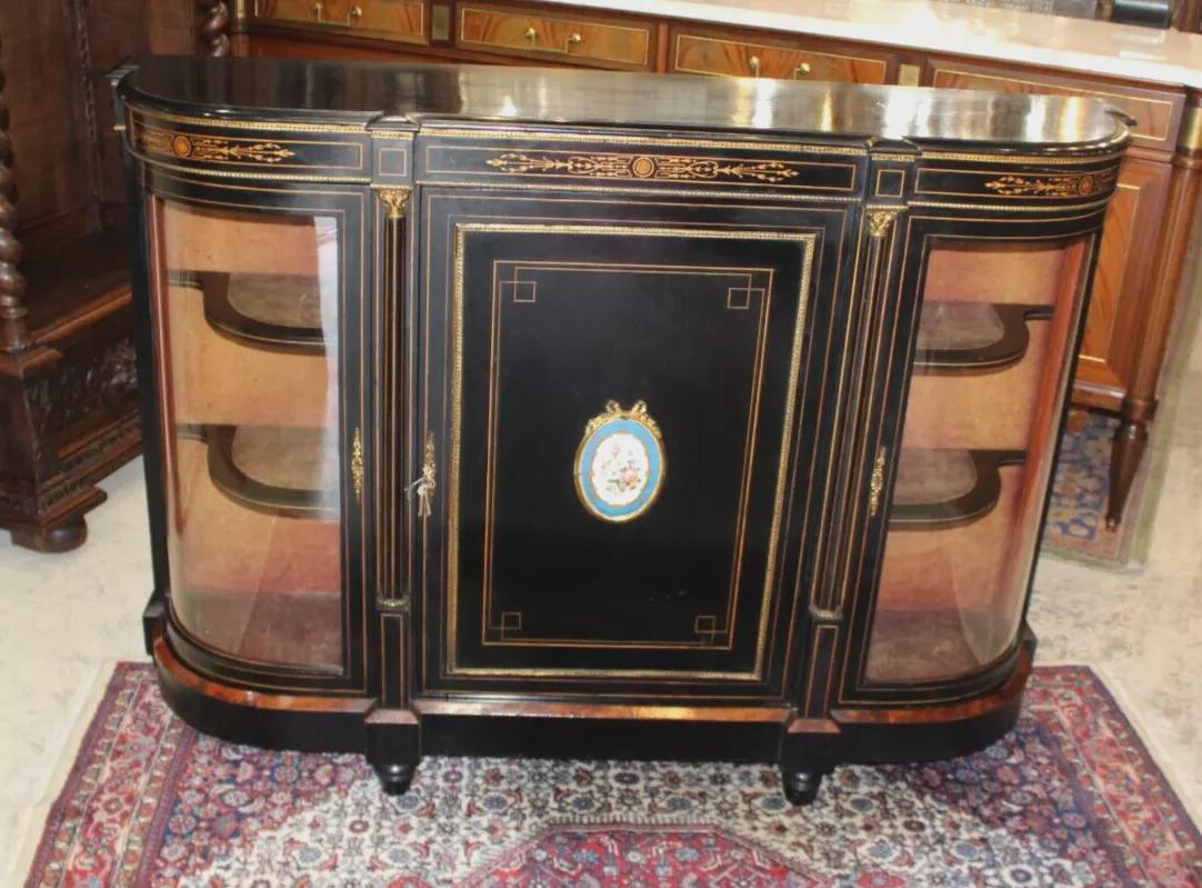 French Antique Louis XVI Black Painted Sideboard Server Display Cabinet